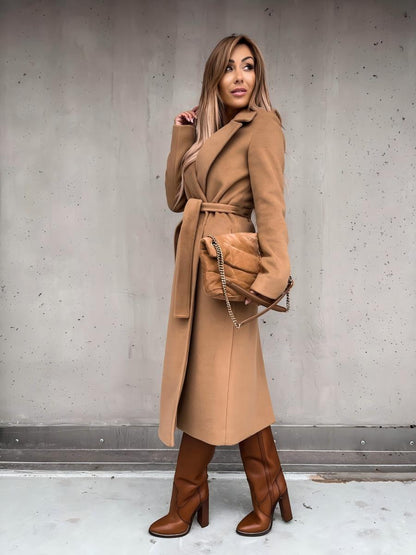 Solid Color Lapel Long Sleeve Woolen Simple Tie Coats