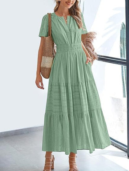 V-neck, Gathered, Puff Sleeve, Full Skirt, Short-sleeved Long Dress