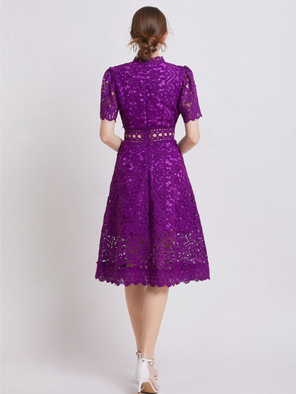 Lace Waist-cinching Hollow-out Midi Dress