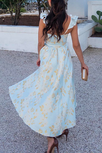 Margovil Ruffled Shoulder Bow Knot Waist Slit Printed Vintage Party Dress