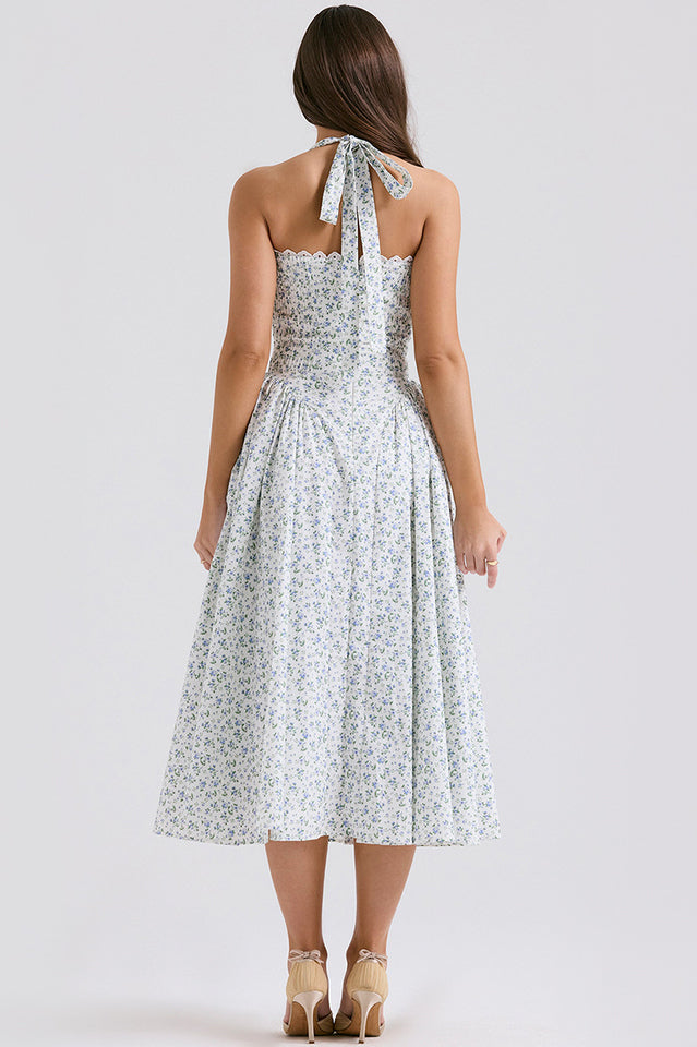 Halter Sweetheart Neck Lace Trim Ditsy Floral Corset Bodice Midi Dress