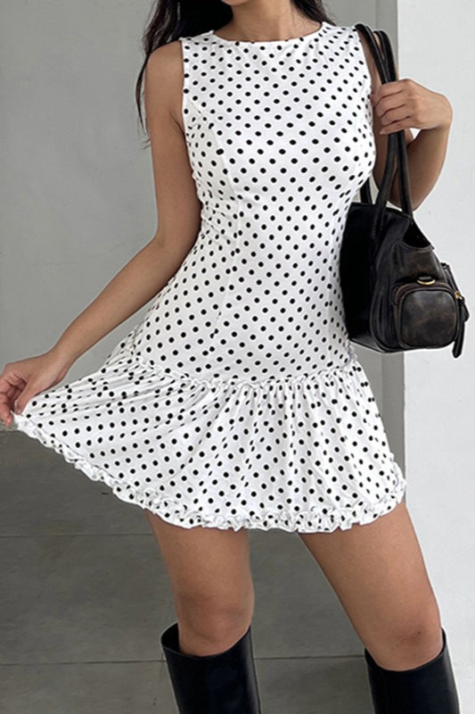 Polka Dot Sleeveless Crew Neck Ruffle Hem Bodycon Mini Dress