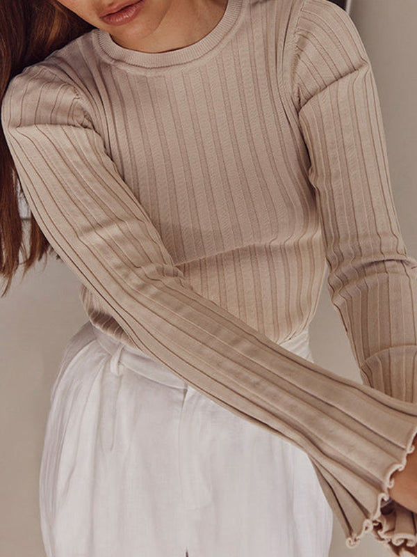 Solid Ribbed Crew Neck Long Sleeve Knit