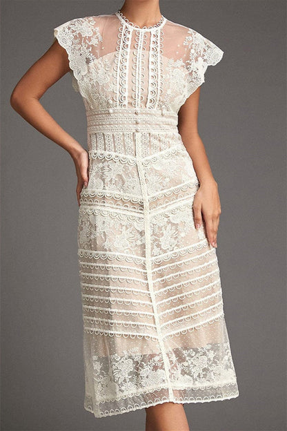 High Neck Lace Yoke Cap Sleeve Button Front Tiered Lace Midi Dress