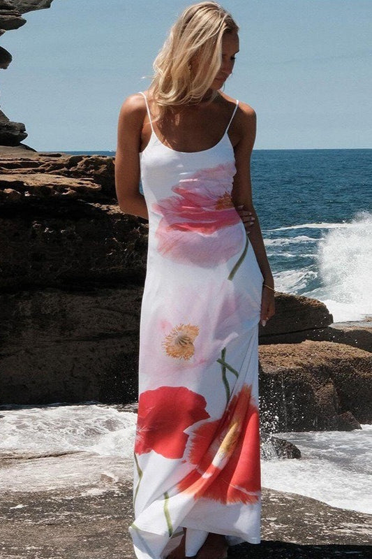 Scoop Neck Spaghetti Strap Oversized Poppy Floral Print Maxi Dress
