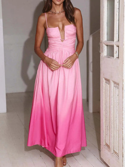 Spaghetti Strap Plunging Ruched Bodice Open Back A-Line Maxi Dress