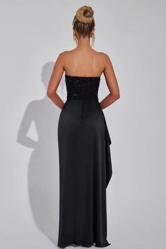 Strapless Sequin Embellished Corset Bodice Draped High Slit Maxi Gown
