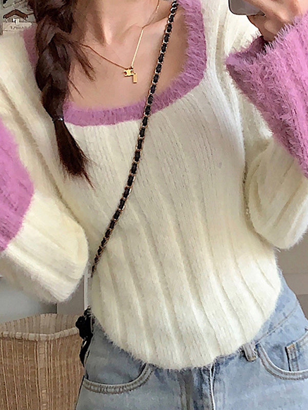 Contrast Color Splice Trumpet Sleeve Slim Sweater