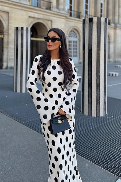 Polka Dot Print Crew Neck Bell Sleeve Column Maxi Dress