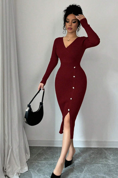 Wrap V-Neck Rib Knit Button Side Slit Long Sleeve Midi Sweater Dress