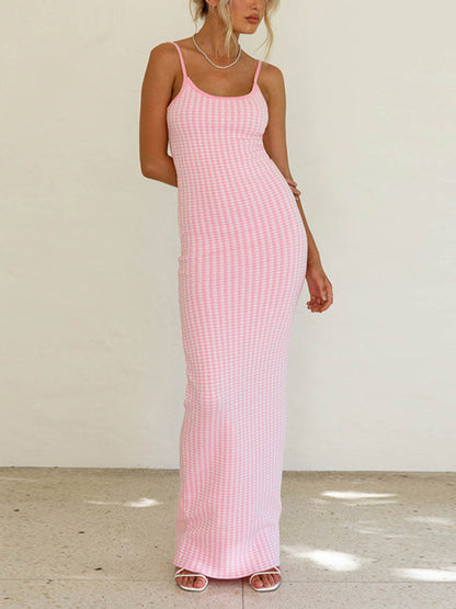 Retro Plaid Pink Suspender Slim Knitted Maxi Dress