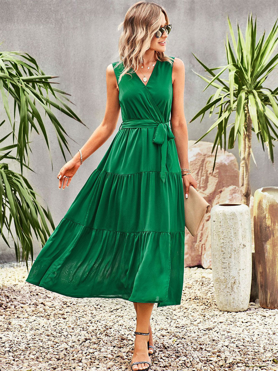 Lace Up Chic V-Neck Sleeveless Midi Dress