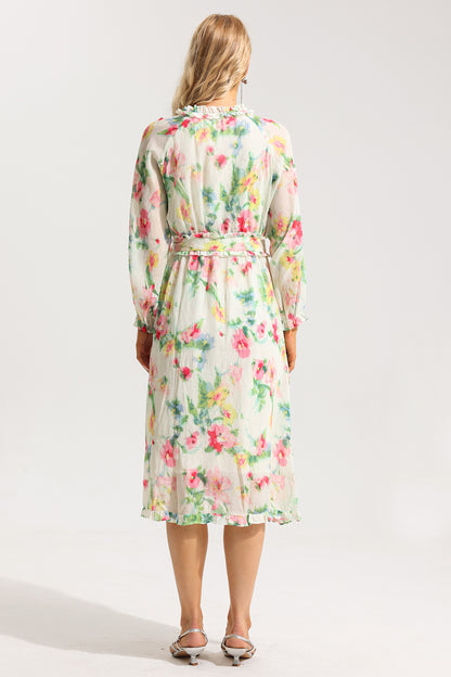 Floral Lace Up Frill Midi Dress