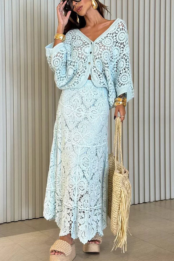 Anina Knit Crochet Cutout High Rise Elastic Waist Maxi Skirt