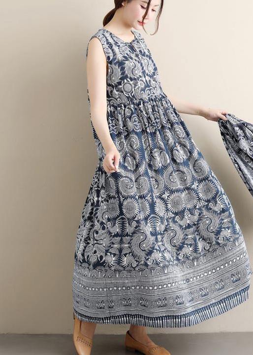 Style O Neck Sleeveless Spring Blue Print Maxi Dress