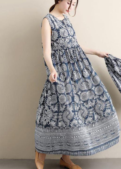 Style O Neck Sleeveless Spring Blue Print Maxi Dress