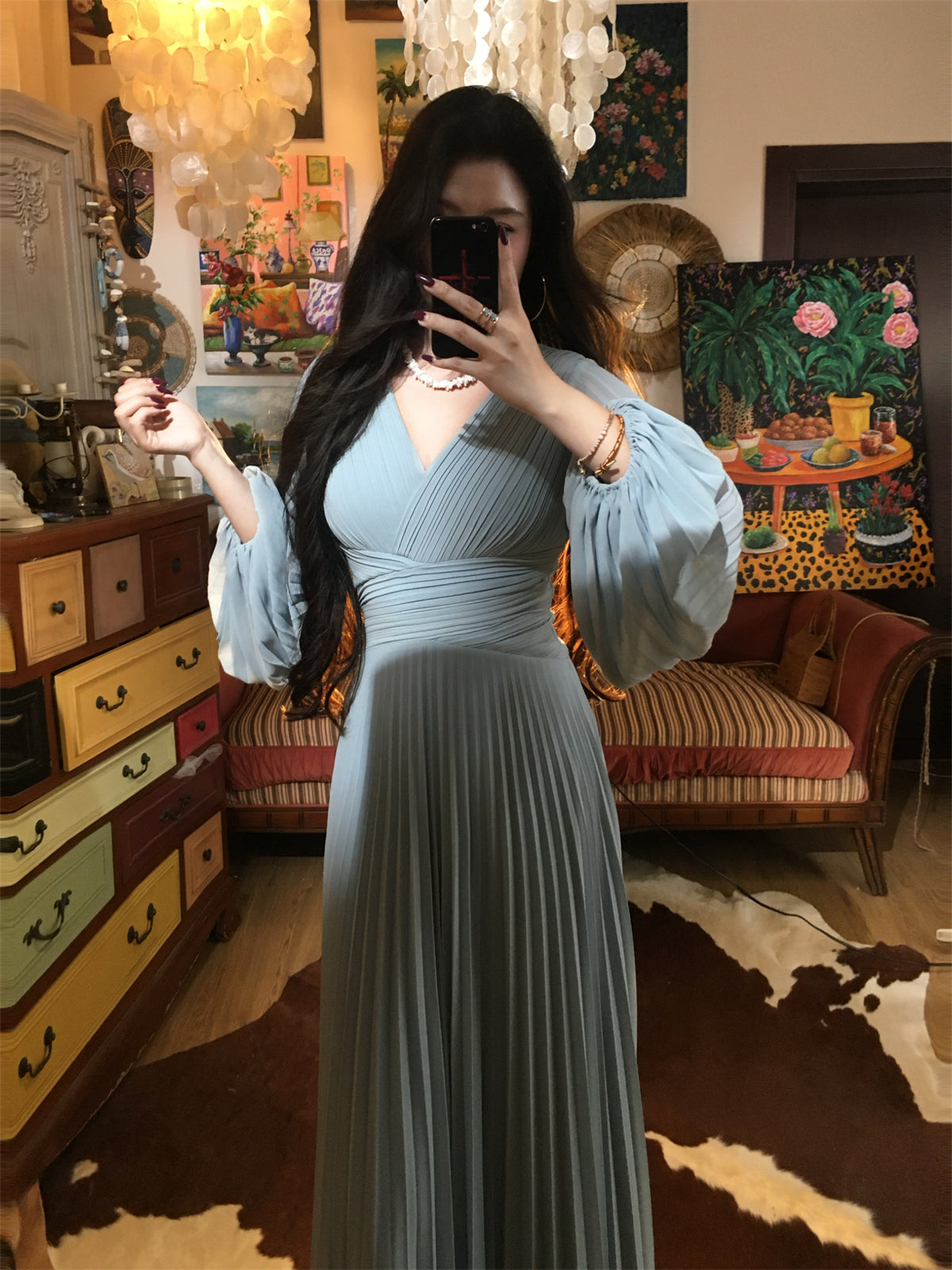 Misty Blue Pleated Panel Maxi Dress –   Flowy Elegant Slimming Gown gunne sax vintage dress