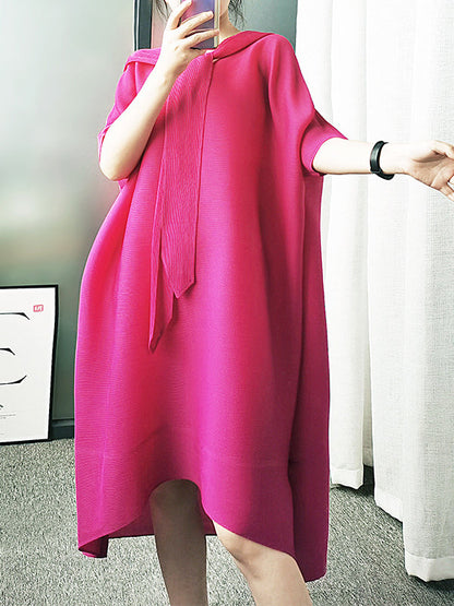 Batwing Sleeves Loose Lace-Up Pleated Hooded Midi Dresses