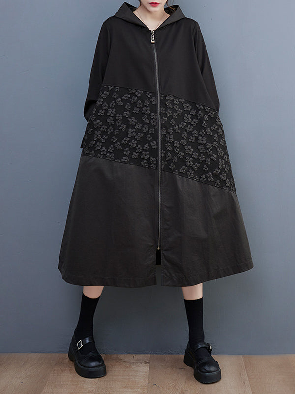 Casual Loose Long Sleeves Velvet Floral Printed Zipper Hooded Outerwear