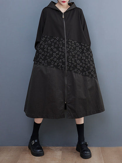 Casual Loose Long Sleeves Velvet Floral Printed Zipper Hooded Outerwear