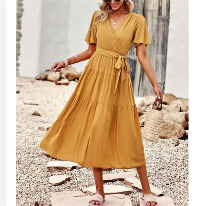 Solid Color High Waisted V-Neck Maxi Dress for All Occasions