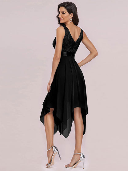 Handkerchief Dresses V-Neck Sleeveless Ribbon Waist Irregular Prom Midi Dress
