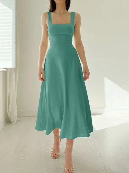 Square Neck Wide Strap Sleeveless Fit and Flare Midi Dress