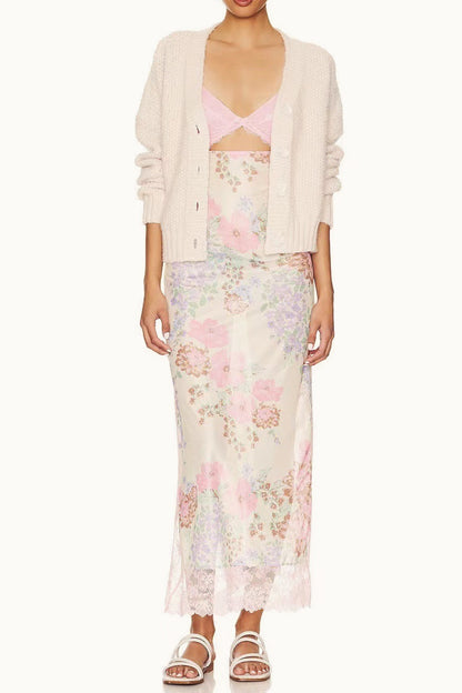 Lace Sweetheart Bodice Cut Out Flutter Sleeve Floral Print Slip Maxi Dress