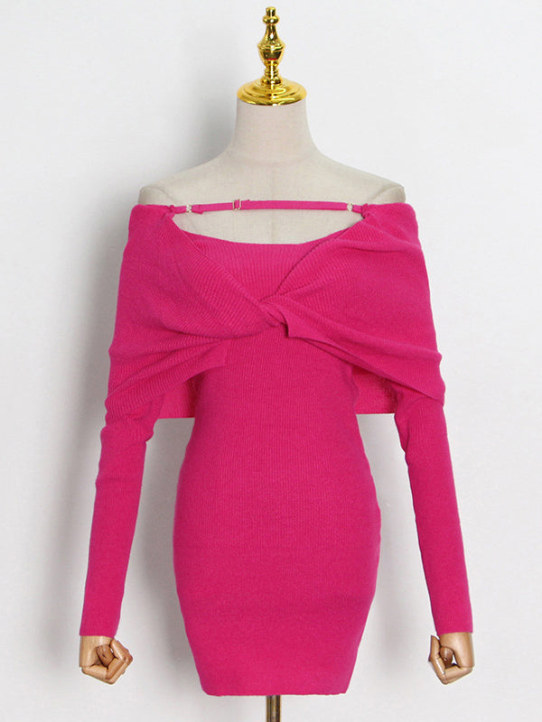 White Bodycon Dress Foldover Long Sleeves Twisted-Front Pencil Mini Dresses