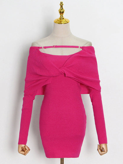 White Bodycon Dress Foldover Long Sleeves Twisted-Front Pencil Mini Dresses