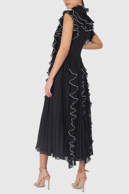 V-Neck Frill Sleeveless Solid Midi Dress