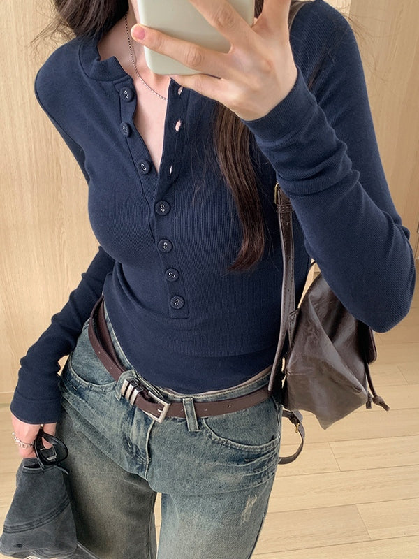 Solid Breasted Slim Long Sleeve Knit