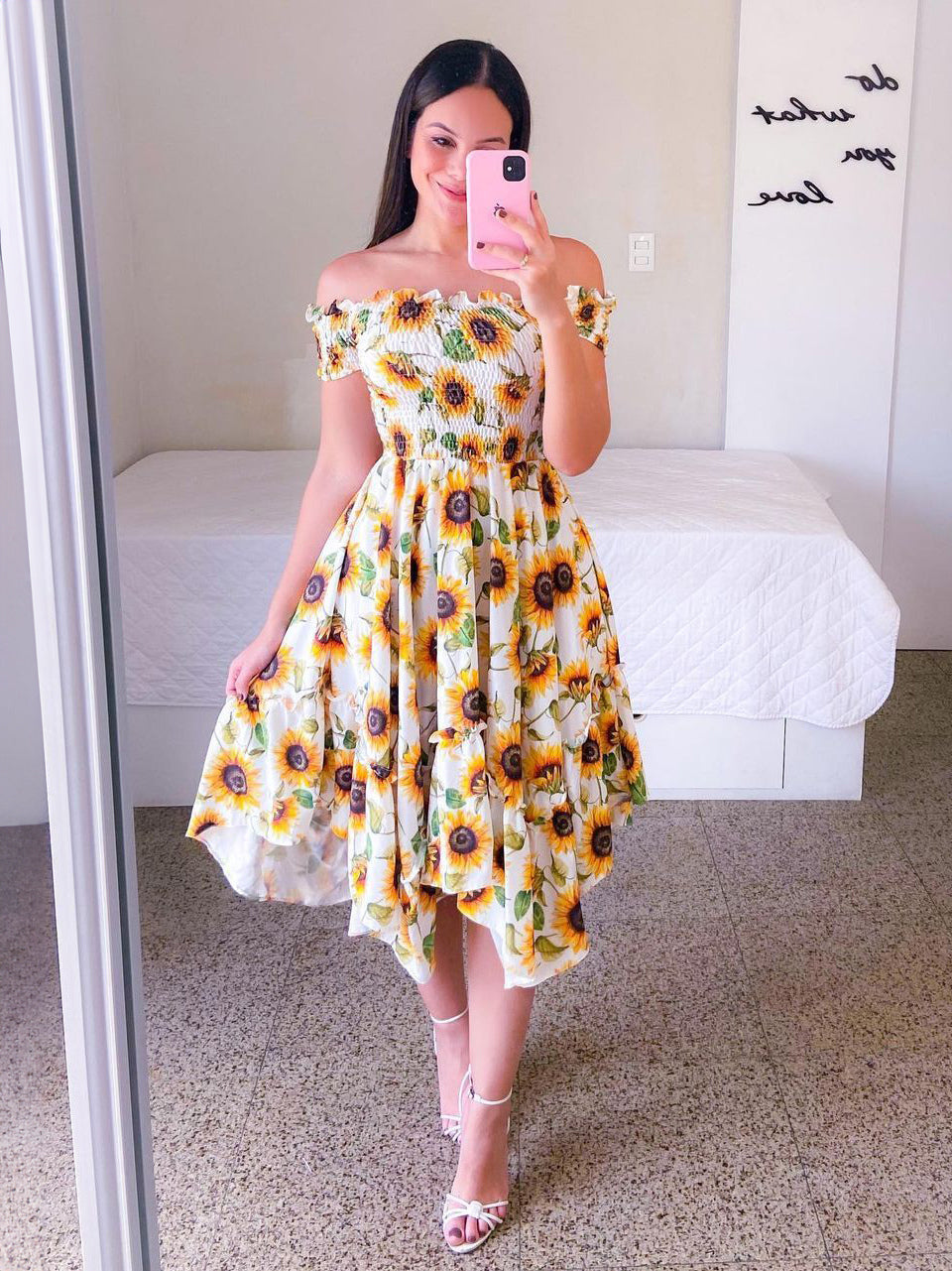 Handkerchief Dress Smocked Floral Off The Shouder Summer Midi Dresses