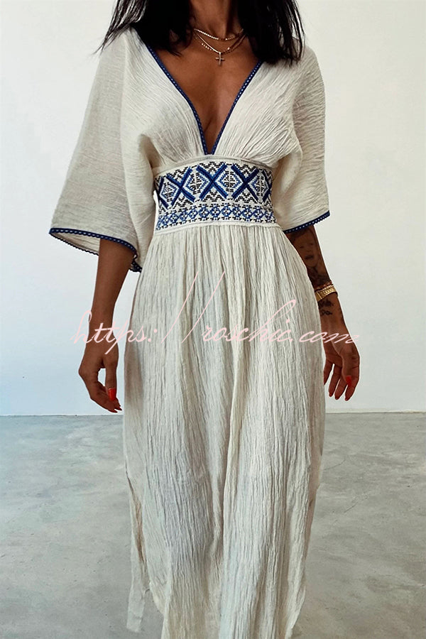 Sunlit Days Linen Blend Ethnic Printed Elastic Waist Slit Maxi Dress