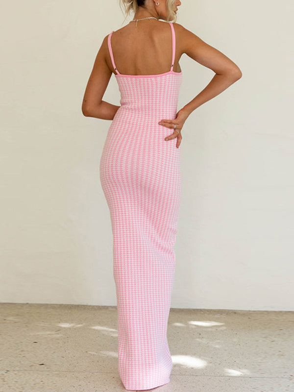 Retro Plaid Pink Suspender Slim Knitted Maxi Dress