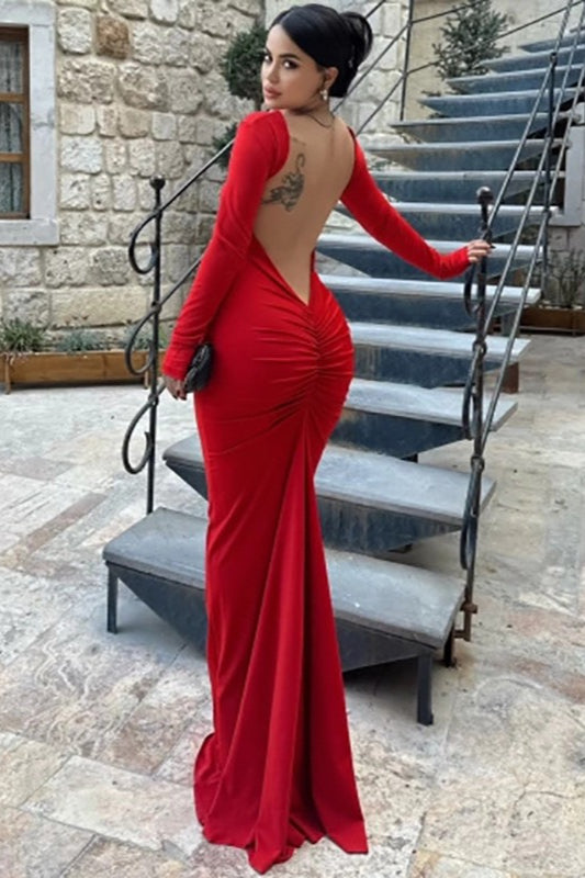 Backless Long Sleeve Ruched Mermaid Formal Gown