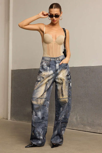 Mesh Patchwork Corset Bustier Slip Bodysuit