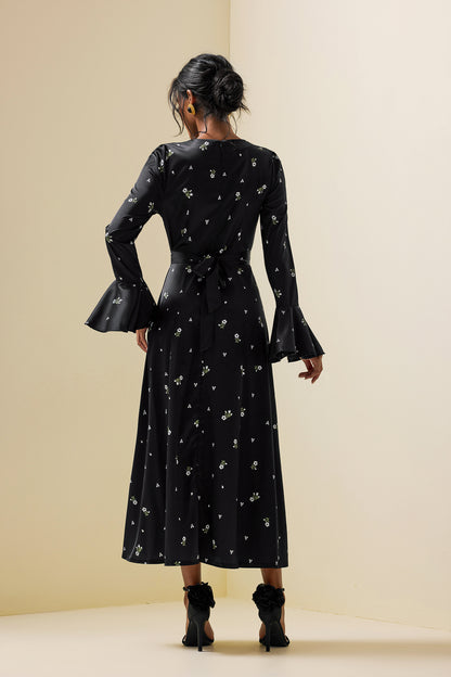 Satin Floral Ball Sleeve Midi Dress