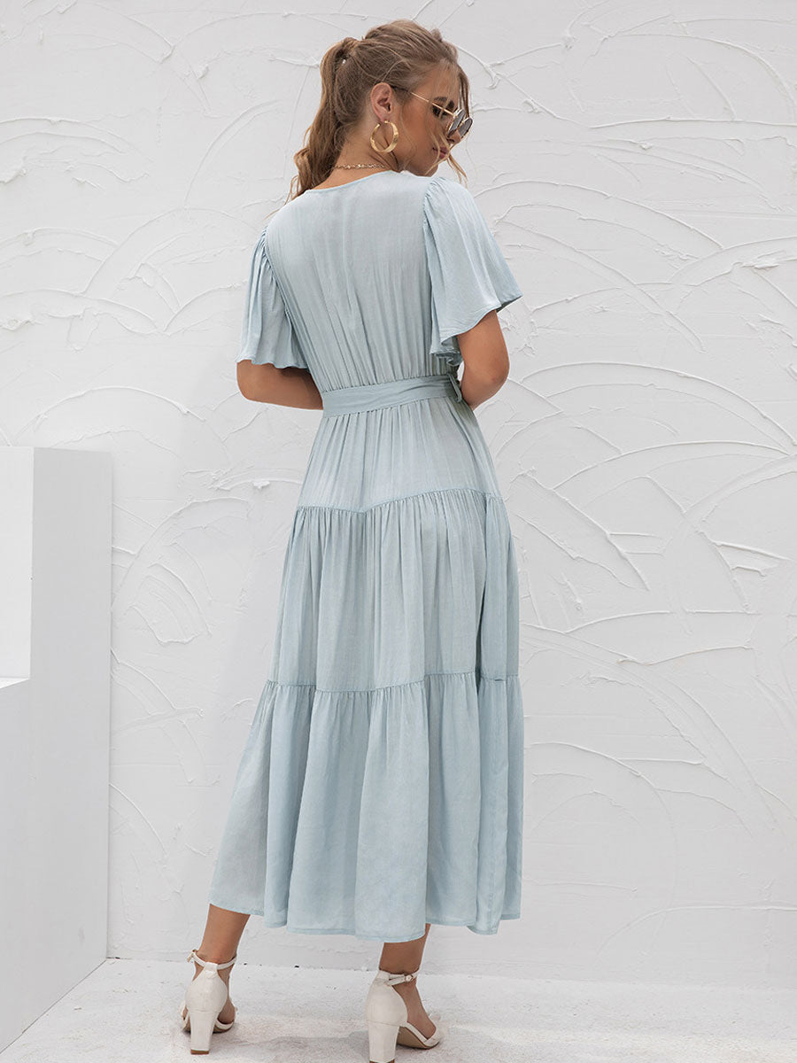 V-Neck Maxi Dress Short Sleeves Casual Layered Floor Length Dress