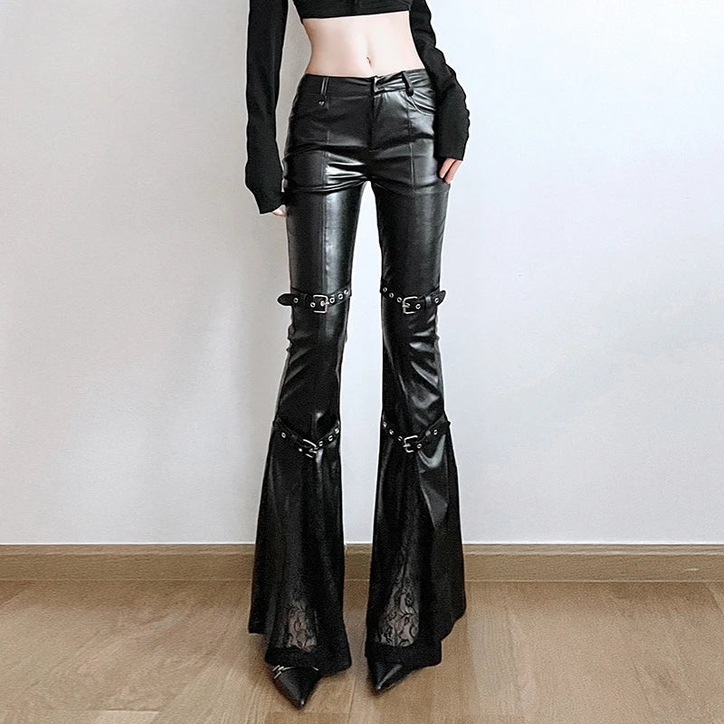 PU Lace Patchwork Flared Pant