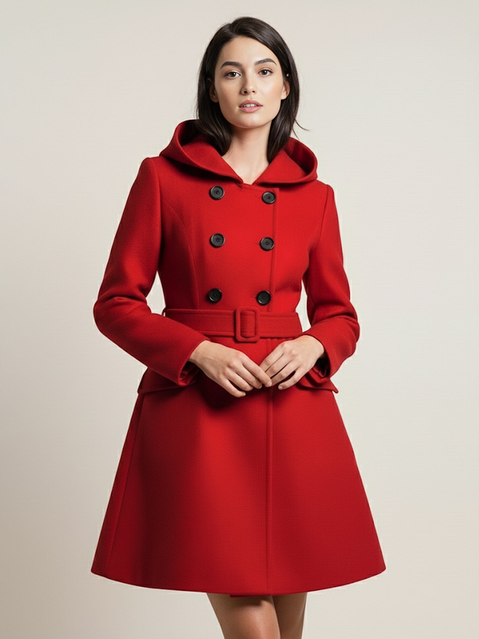 Hooded A-Line Midi Coat With Double-Breasted Design And Belt For Women 2026