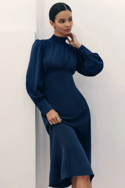 Mock Neck Bishop Sleeve Gathered Bodice High Waist A-Line Midi Dress