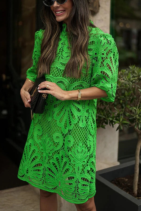 Guipure Lace Hollow-Out Mock Neck Scalloped Hem Shift Mini Dress