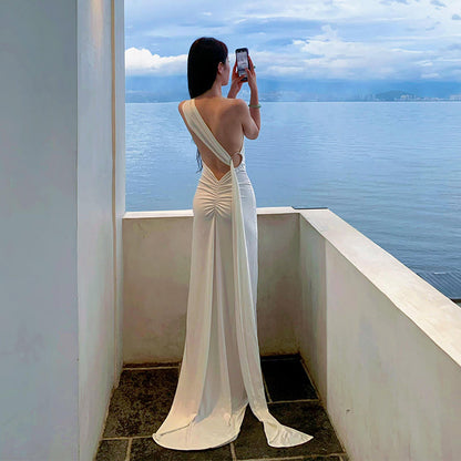French-Inspired White Ribbon Tie Backless Maxi Dress – Beach & Evening Elegance