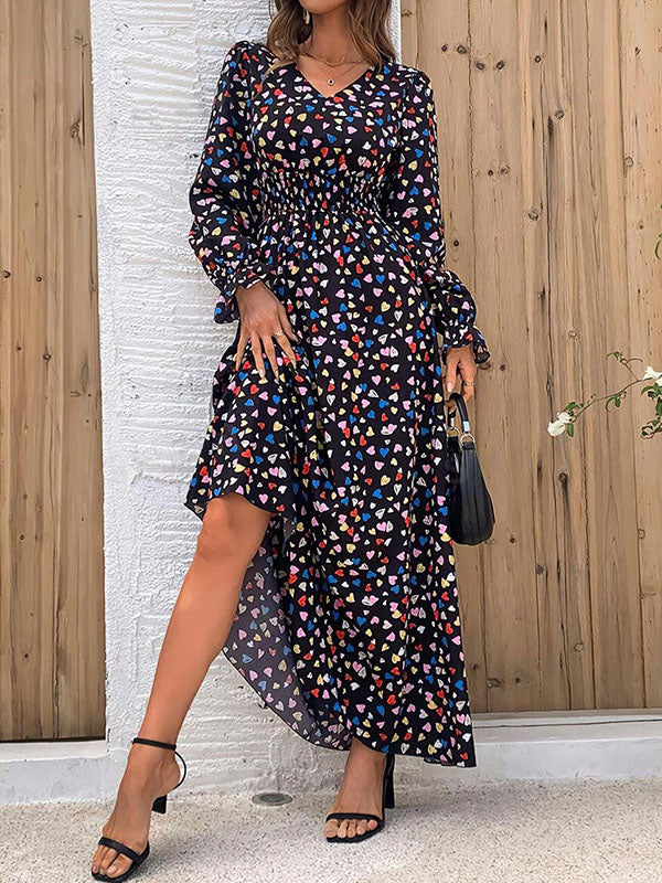 Loose Puff Sleeves Elasticity Floral Printed Split-Joint V-Neck Maxi Dresses