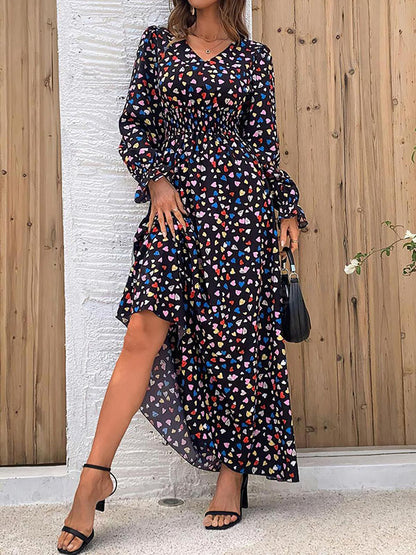 Loose Puff Sleeves Elasticity Floral Printed Split-Joint V-Neck Maxi Dresses