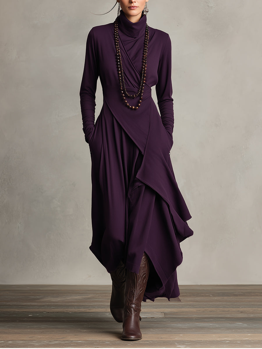 Turtleneck Wrap Front Draped Asymmetrical Hem Knit Pocket Maxi Dress