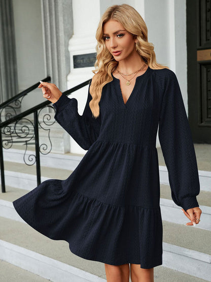 Shift Dresses V-Neck Pleated Dark Green Casual Long Sleeves Mini Dress