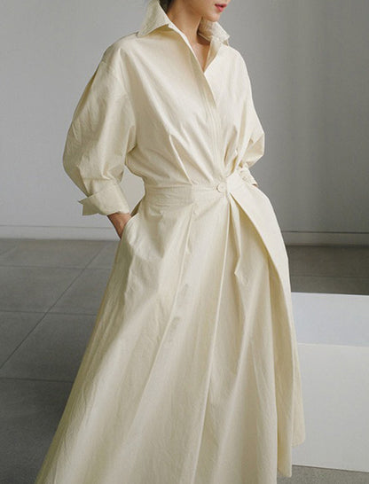 Long Sleeves Loose Pleated Solid Color Split-Joint Tied Waist Lapel Midi Dresses Shirt Dress