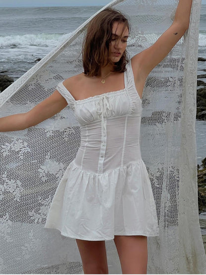 Summer Dress Mini Dresses White Straps Neck Sash Cotton Beach Short Dress